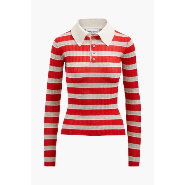 Brandon Maxwell Joni Polo Top in Red Stripe