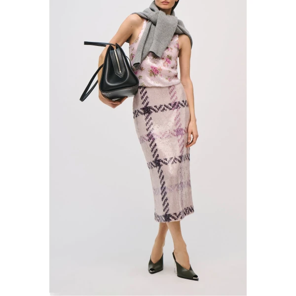Brandon Maxwell Mercer Skirt in Pailette Windowpane Plaid, view 2