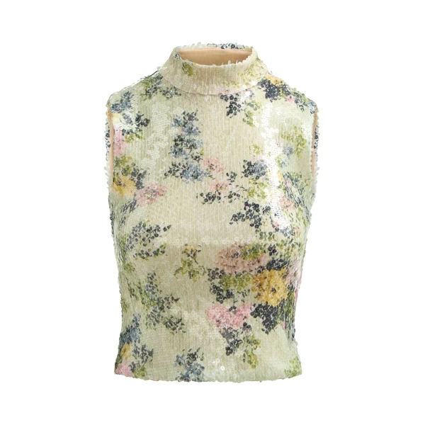 Brandon Maxwell Piper Top in Pailette Green Floral
