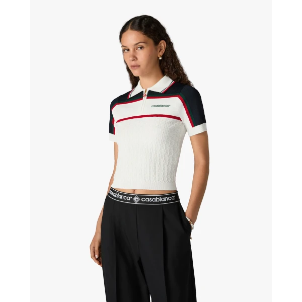 Casablanca Cream & Navy Knit Tennis Short Sleeve Polo Shirt, view 4