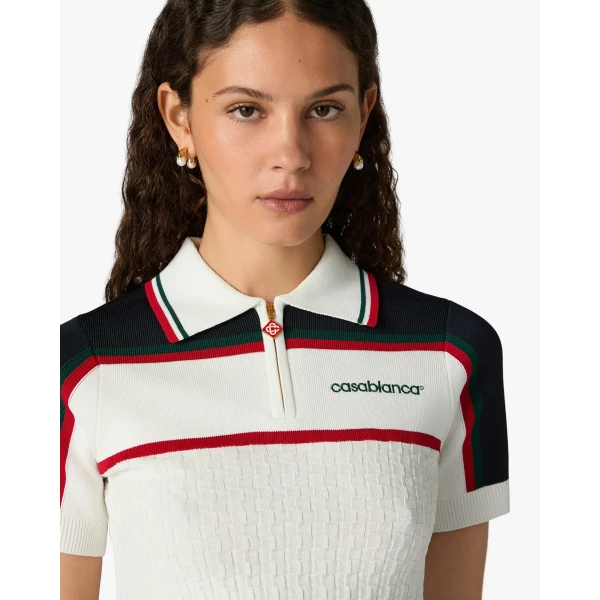 Casablanca Cream & Navy Knit Tennis Short Sleeve Polo Shirt, view 5