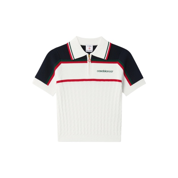 Casablanca Cream & Navy Knit Tennis Short Sleeve Polo Shirt