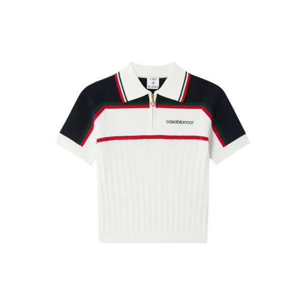 Casablanca Cream & Navy Knit Tennis Short Sleeve Polo Shirt