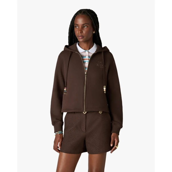 Casablanca Dark Brown Cropped Zip-Up Hooded Sweatshirt, view 4