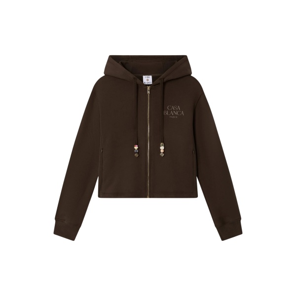 Casablanca Dark Brown Cropped Zip-Up Hooded Sweatshirt