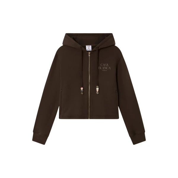 Casablanca Dark Brown Cropped Zip-Up Hooded Sweatshirt