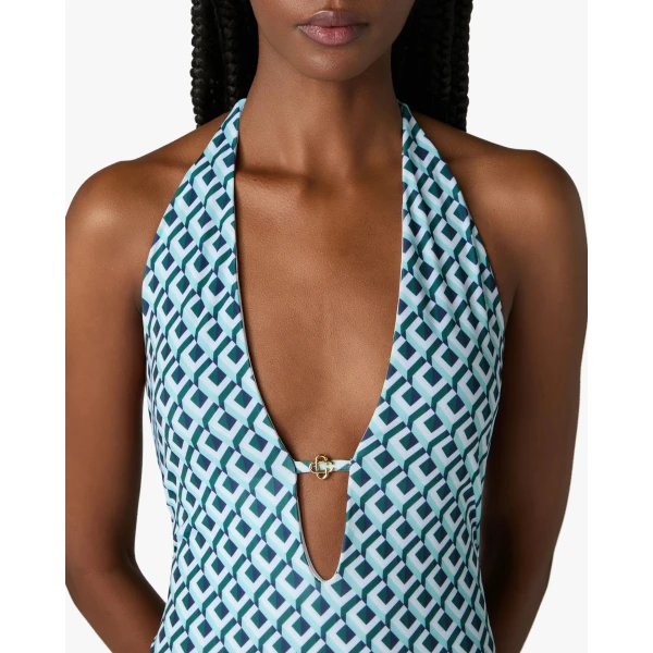 Casablanca Green Cubist CC Monogram Plunge Swimsuit, view 5