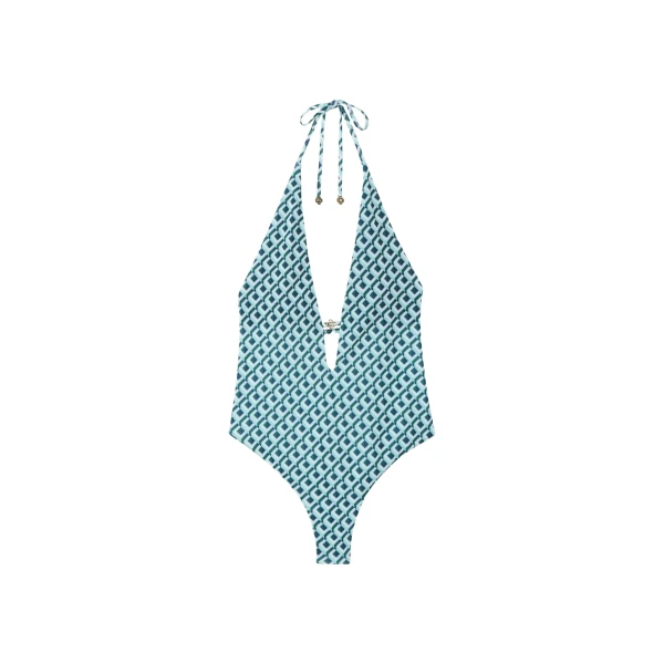 Casablanca Green Cubist CC Monogram Plunge Swimsuit