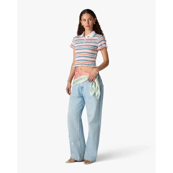 Casablanca Multicolour Striped Shirred Short Sleeve Polo Shirt, view 2