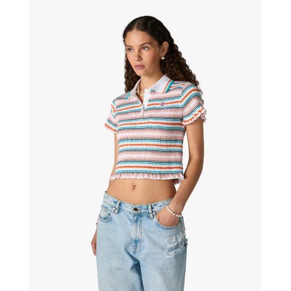 Casablanca Multicolour Striped Shirred Short Sleeve Polo Shirt, view 4