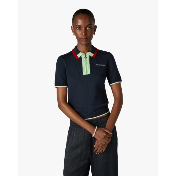 Casablanca Navy Merino Short Sleeve Polo Shirt, view 4