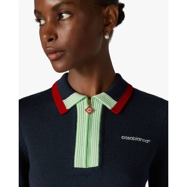 Casablanca Navy Merino Short Sleeve Polo Shirt, view 5