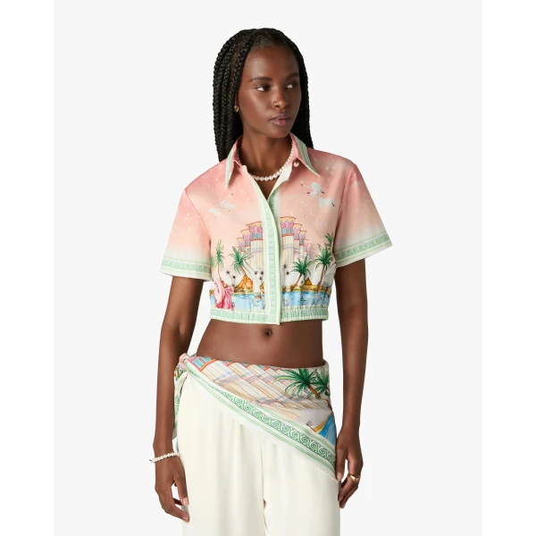 Casablanca Pink Ethereal Cotton Cropped Short Sleeve Shirt, view 4