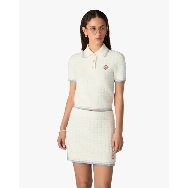 Casablanca White Boucle Tennis Short Sleeve Polo Shirt, view 4