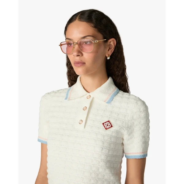 Casablanca White Boucle Tennis Short Sleeve Polo Shirt, view 5