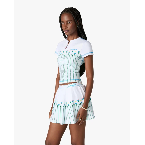 Casablanca White Floral Stripe Sporty Quarter Zip Tennis Top, view 4