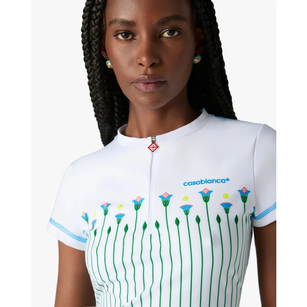 Casablanca White Floral Stripe Sporty Quarter Zip Tennis Top, view 5