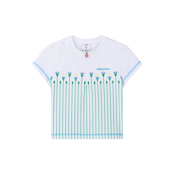 Casablanca White Floral Stripe Sporty Quarter Zip Tennis Top