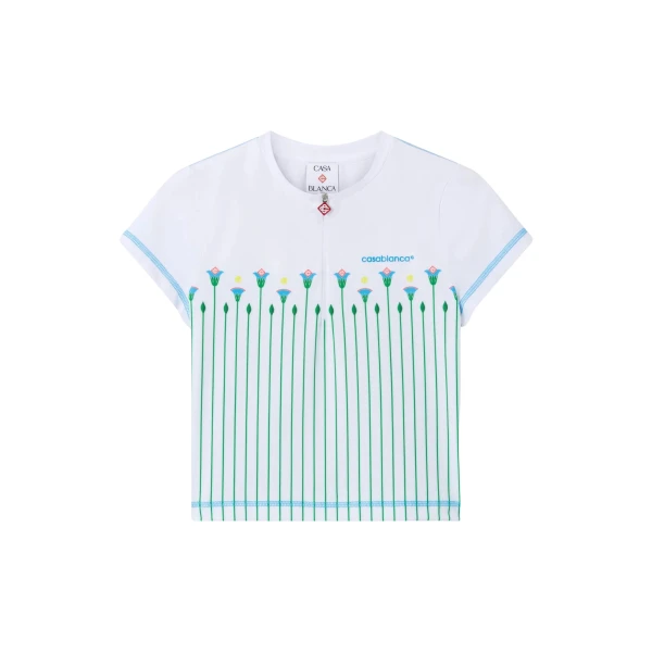 Casablanca White Floral Stripe Sporty Quarter Zip Tennis Top