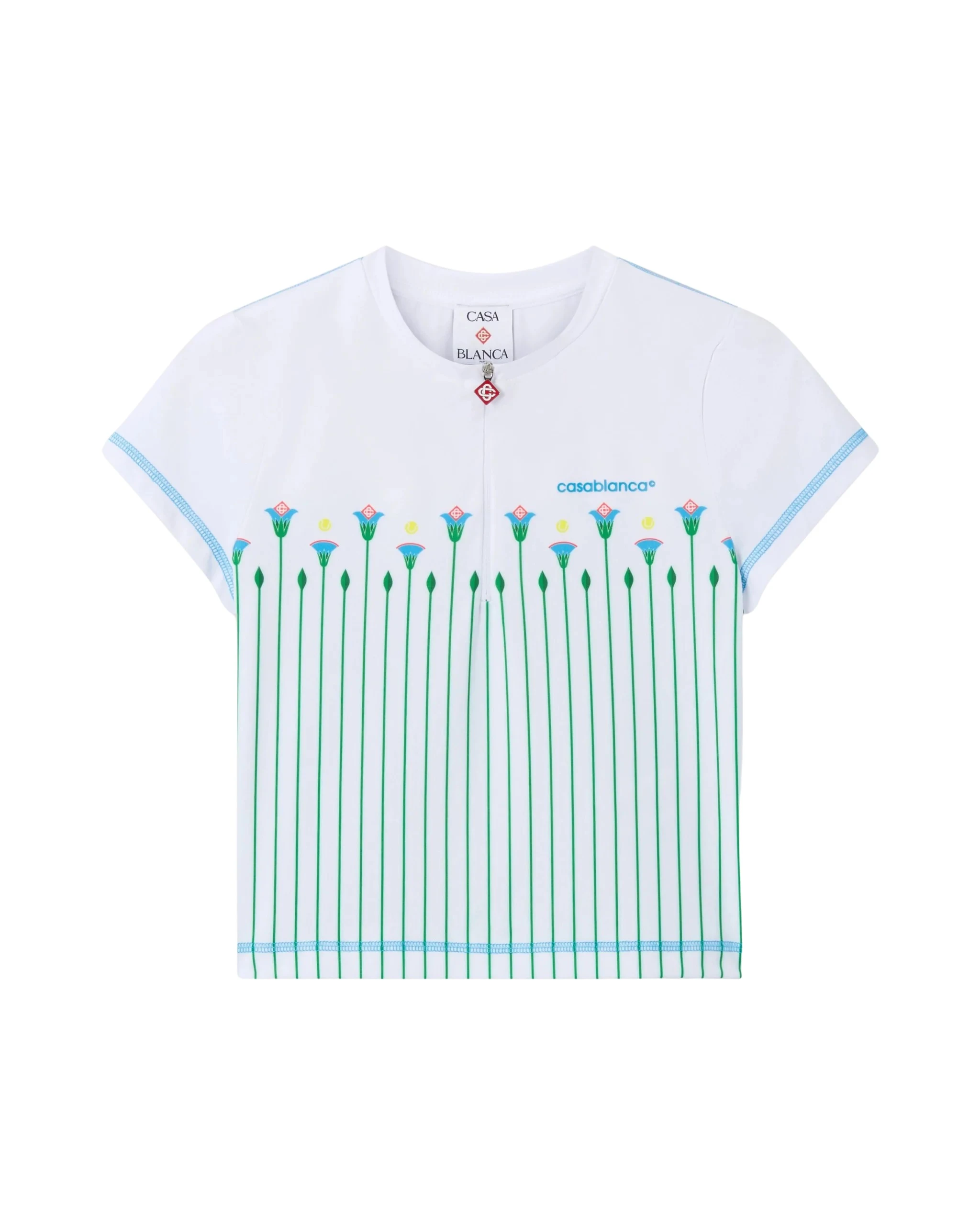 White Floral Stripe Sporty Quarter Zip Tennis Top