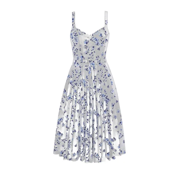 Emilia Wickstead Elita Dress in Blue Scattered Daisies on White Cotton
