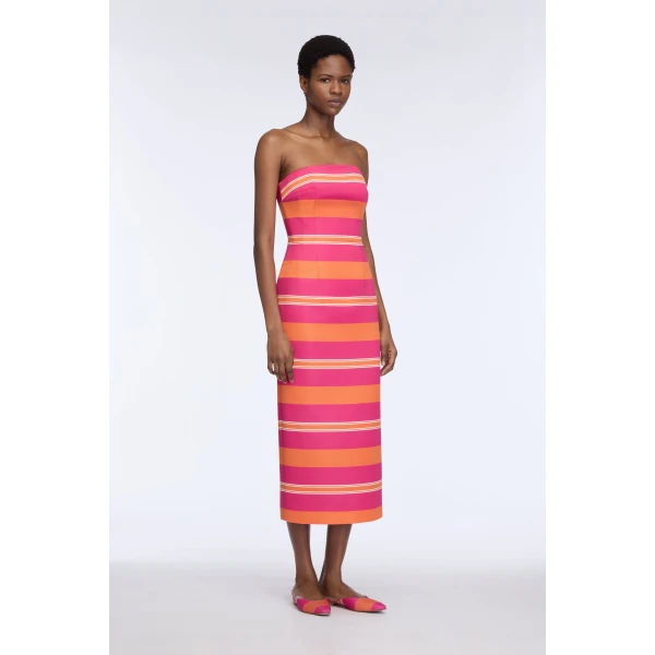 Emilia Wickstead Leila Dress in Hot Pink & Orange Stripe Taffeta Faille, view 2