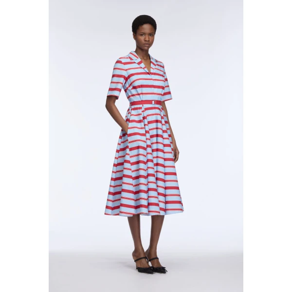Emilia Wickstead Mella Dress in Blue & Red Striped Cotton Poplin, view 3