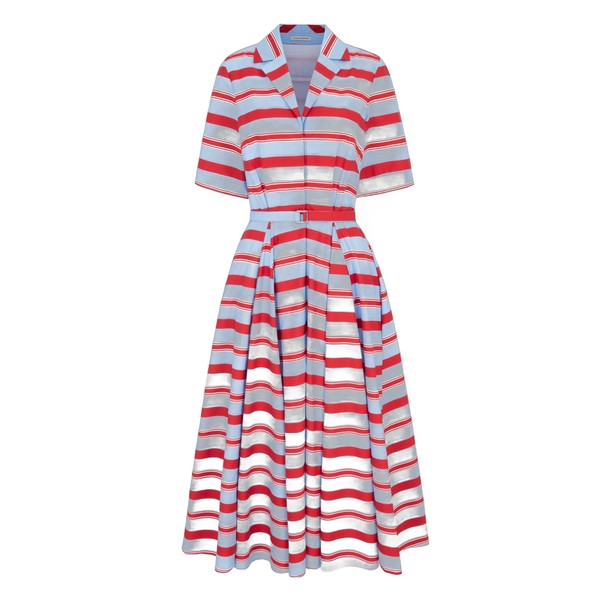 Emilia Wickstead Mella Dress in Blue & Red Striped Cotton Poplin