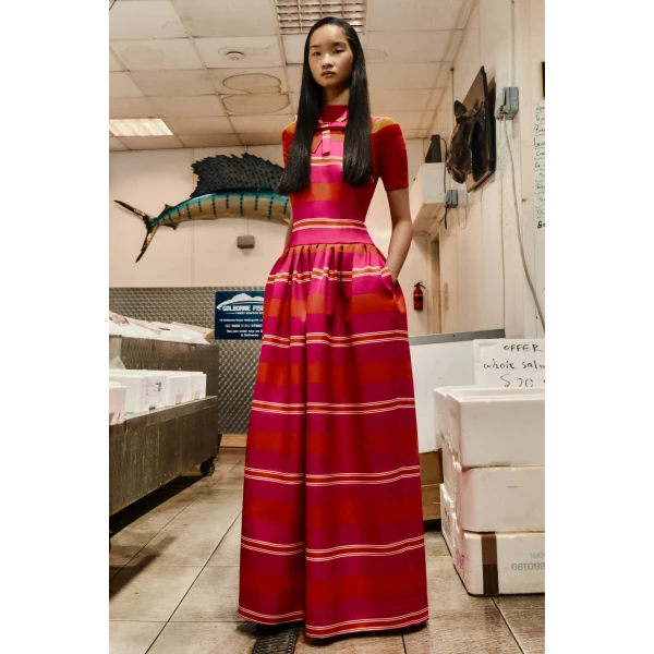 Emilia Wickstead Sweeny Dress in Hot Pink & Orange Striped Taffeta Faille, view 2