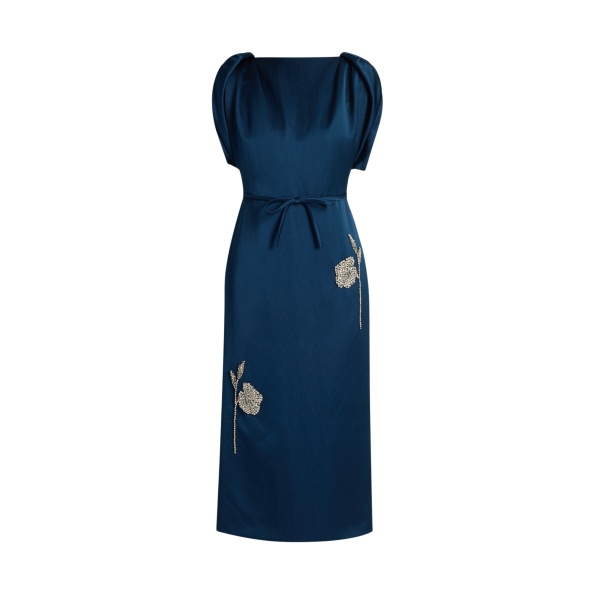 Erdem Embroidered Satin Short Sleeve Midi Dress