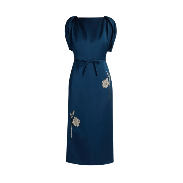 Erdem Embroidered Satin Short Sleeve Midi Dress