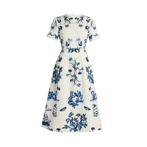 Erdem Floral Cotton Faille Short Sleeve Midi Dress