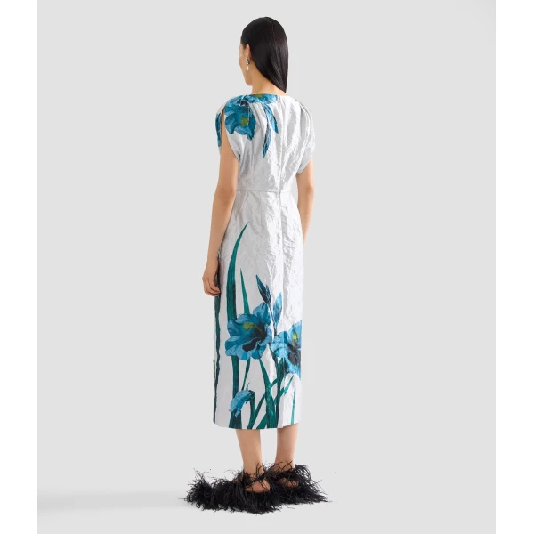Erdem Floral Textured Satin Short Sleeve Midi Dress, view 2