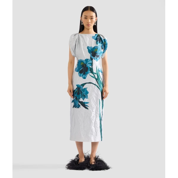 Erdem Floral Textured Satin Short Sleeve Midi Dress, view 4