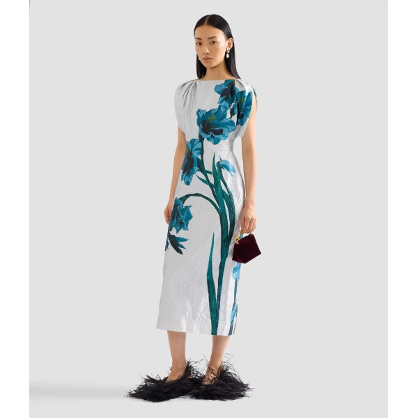 Erdem Floral Textured Satin Short Sleeve Midi Dress, view 6