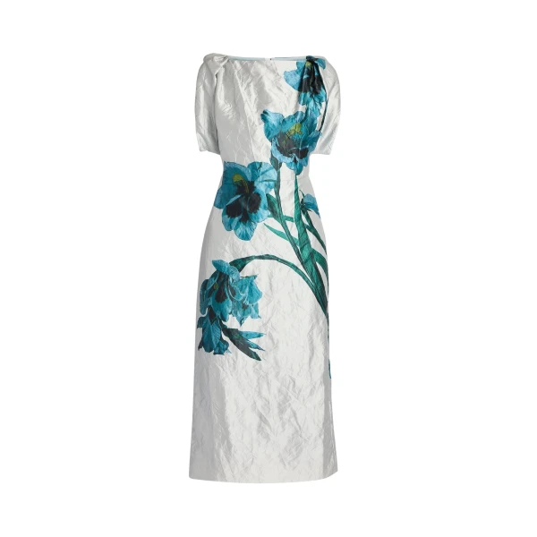 Erdem Floral Textured Satin Short Sleeve Midi Dress