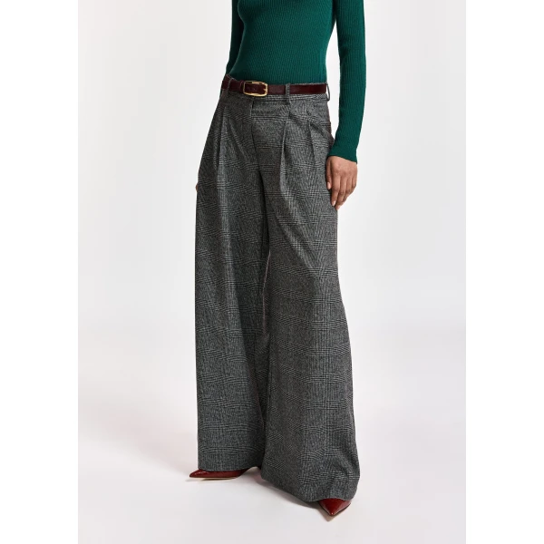 Essentiel Antwerp Black and grey checked wide-leg pants with twisted seam detail, view 3