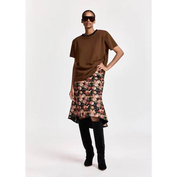 Essentiel Antwerp Black and multicolor floral jacquard mermaid midi skirt, view 2