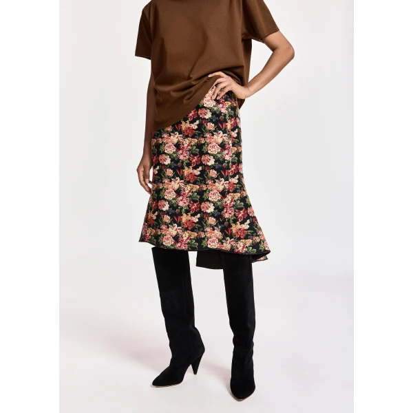 Essentiel Antwerp Black and multicolor floral jacquard mermaid midi skirt, view 3