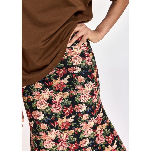 Essentiel Antwerp Black and multicolor floral jacquard mermaid midi skirt, view 4