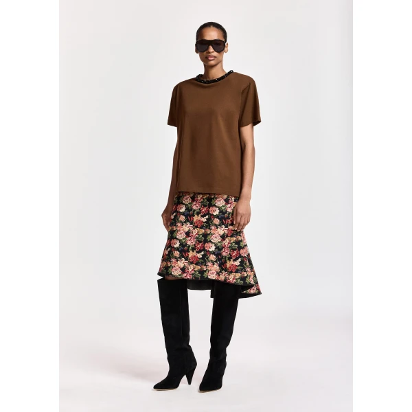 Essentiel Antwerp Black and multicolor floral jacquard mermaid midi skirt, view 6