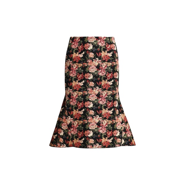 Essentiel Antwerp Black and multicolor floral jacquard mermaid midi skirt