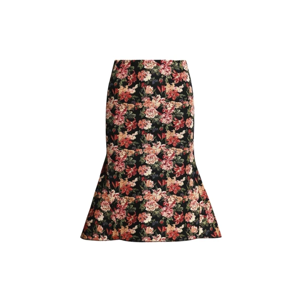 Essentiel Antwerp Black and multicolor floral jacquard mermaid midi skirt