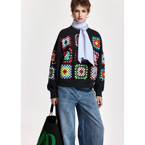 Essentiel Antwerp Black and multicolor geometric floral-embellished sweatshirt Top, view 2