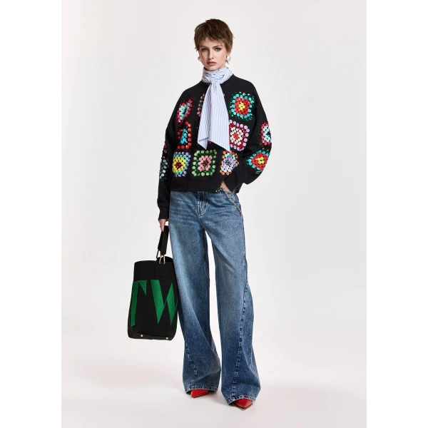 Essentiel Antwerp Black and multicolor geometric floral-embellished sweatshirt Top, view 3