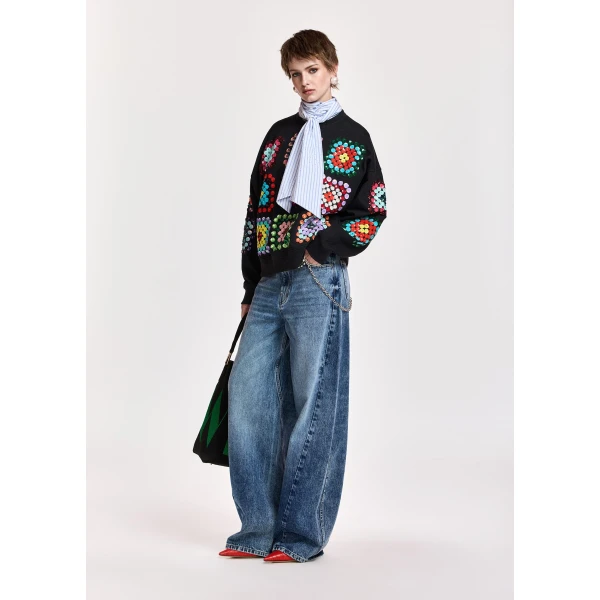 Essentiel Antwerp Black and multicolor geometric floral-embellished sweatshirt Top, view 5