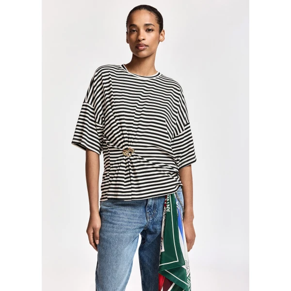 Essentiel Antwerp Black and off-white striped T-shirt with gold statement brooch detail Top, view 2