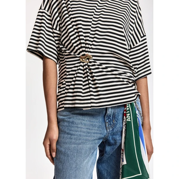 Essentiel Antwerp Black and off-white striped T-shirt with gold statement brooch detail Top, view 3
