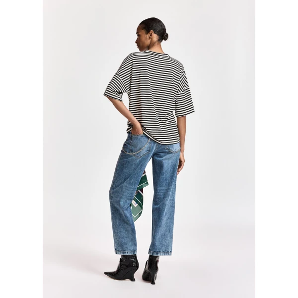 Essentiel Antwerp Black and off-white striped T-shirt with gold statement brooch detail Top, view 5