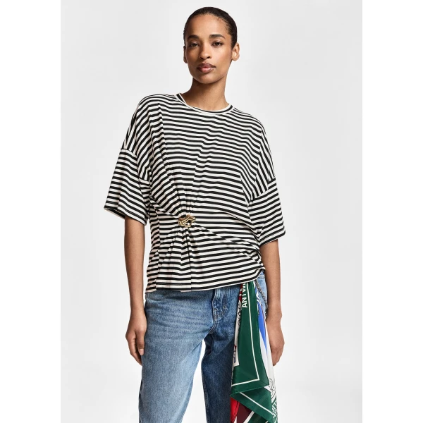 Essentiel Antwerp Black and off-white striped T-shirt with gold statement brooch detail Top, view 6